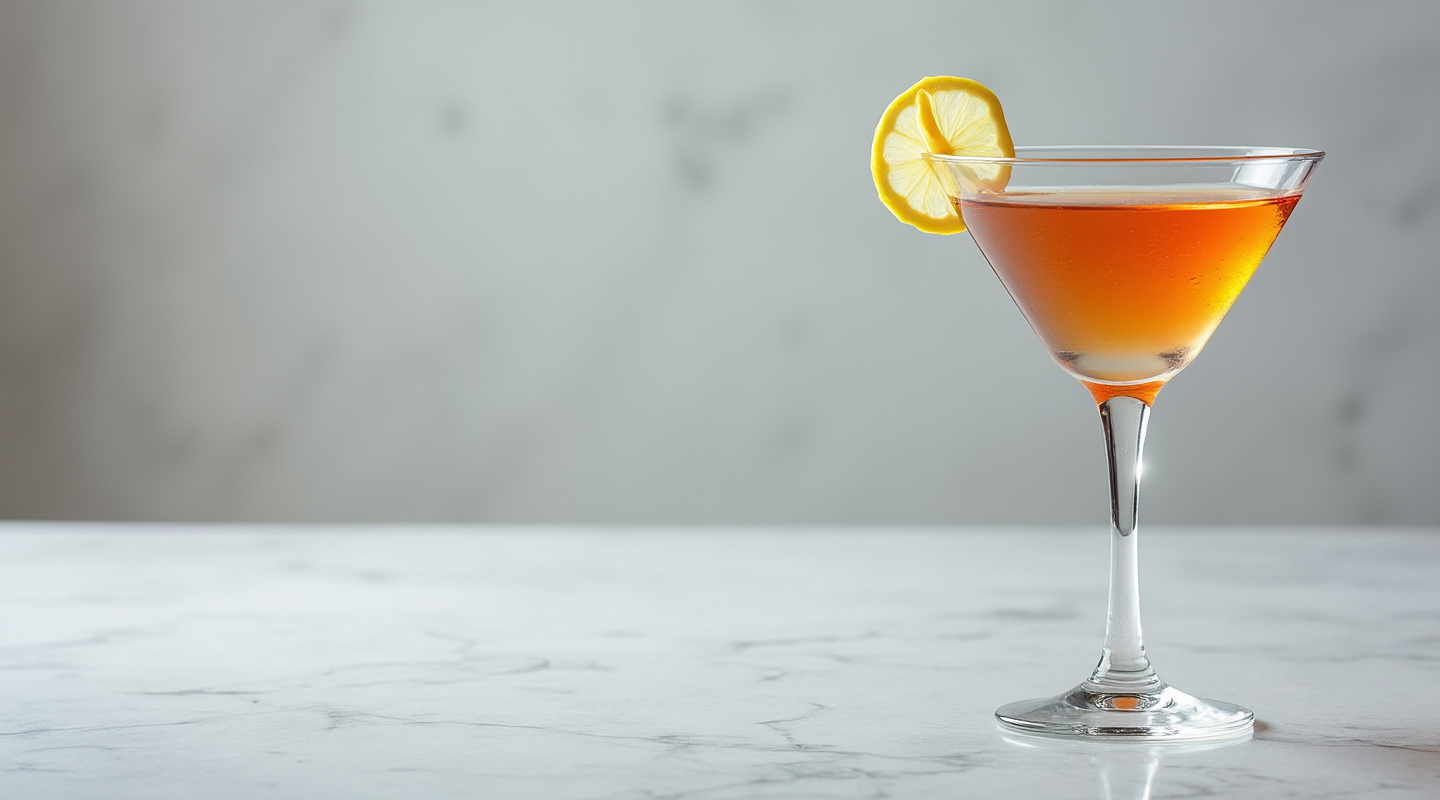 The Mayflower Martini in a glass with a lemon zest twist.