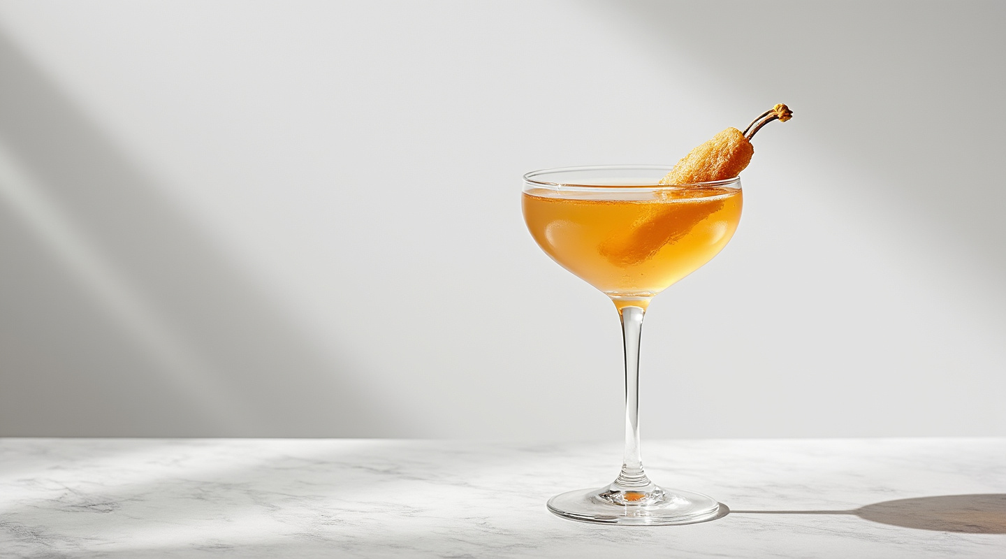 Oooh Ginger cocktail in a chilled coupe glass garnished with skewered crystallised ginger