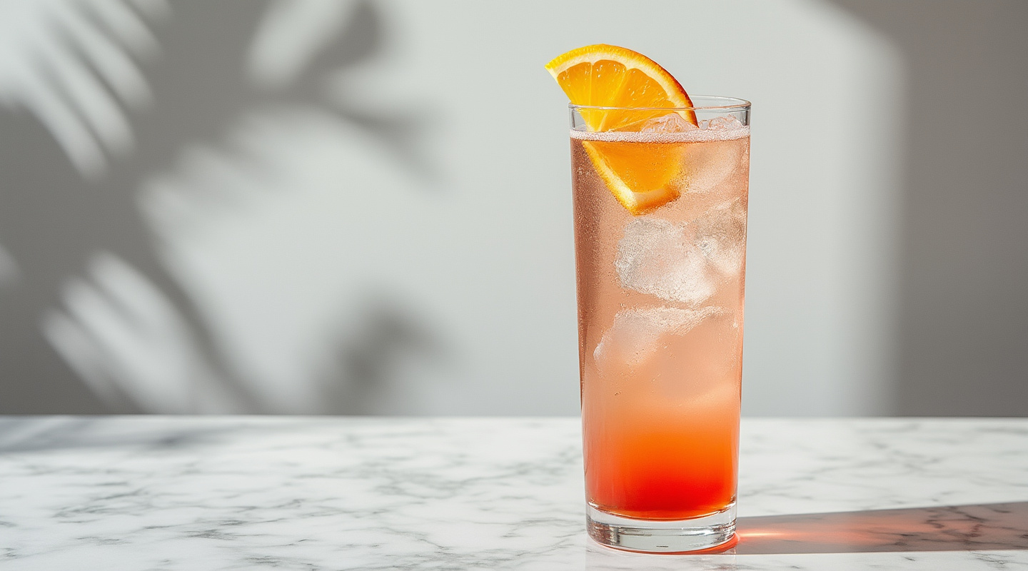You've Got Mail cocktail in a glass with orange slice garnish