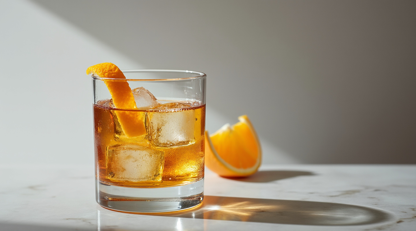 A glass of Elder Fashioned cocktail with an orange twist garnish