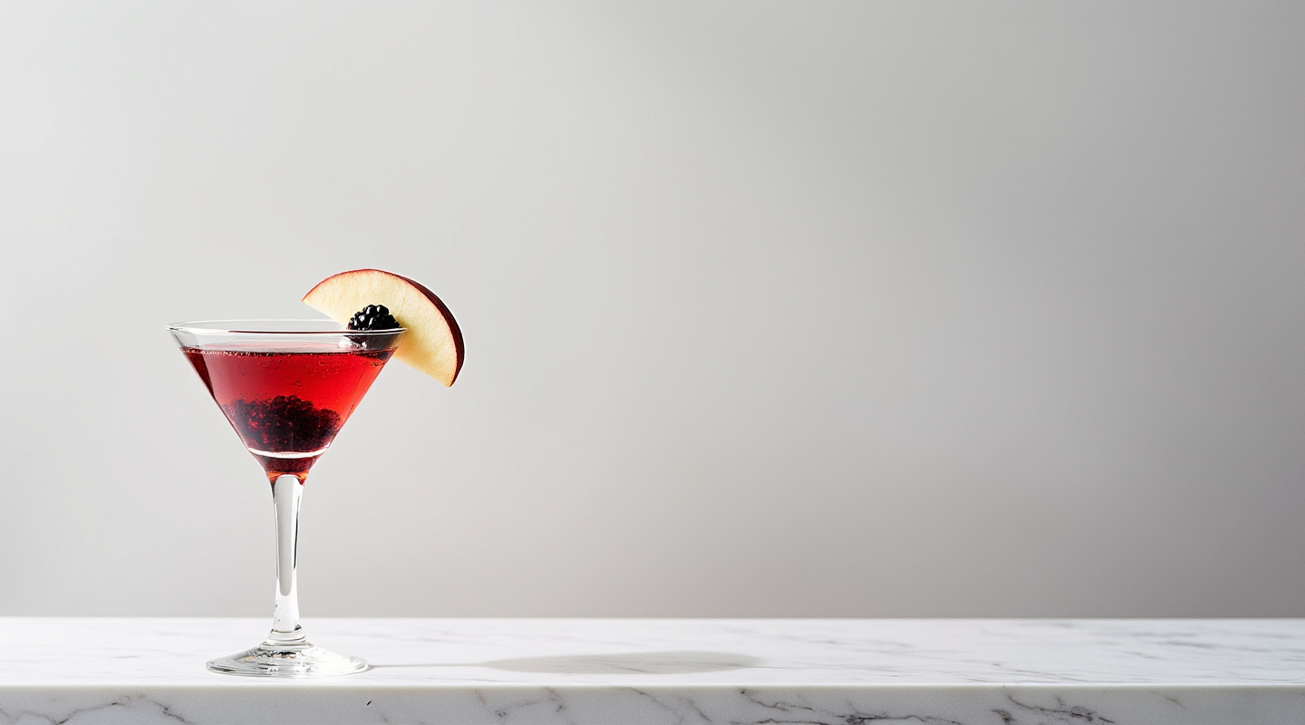 First of July cocktail garnished with an apple slice and blackberry