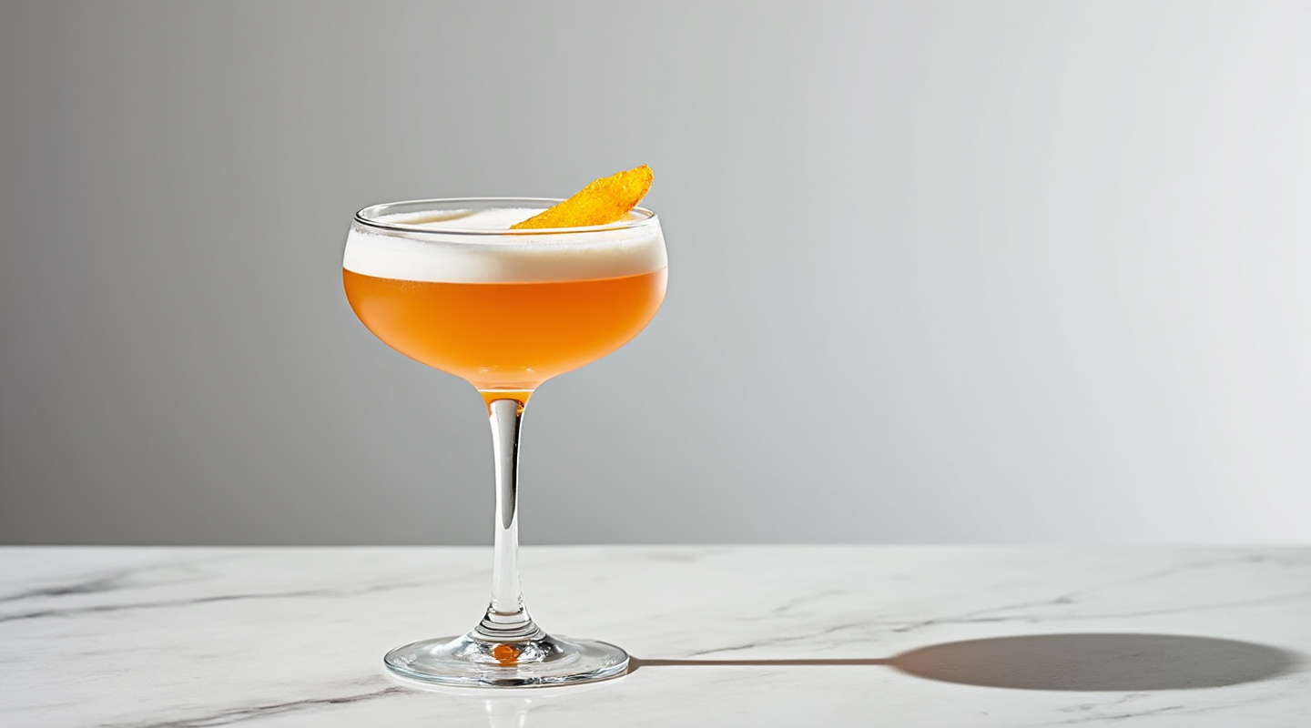 Peto cocktail served in a coupe glass with an orange zest twist.