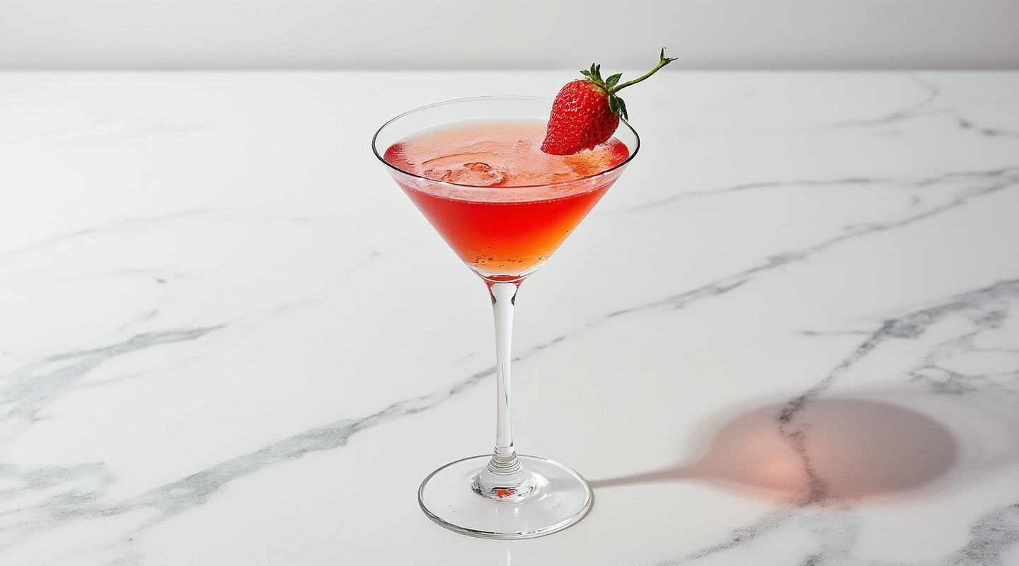 Strawberry & Balsamic Fruitini in a Martini glass garnished with a strawberry