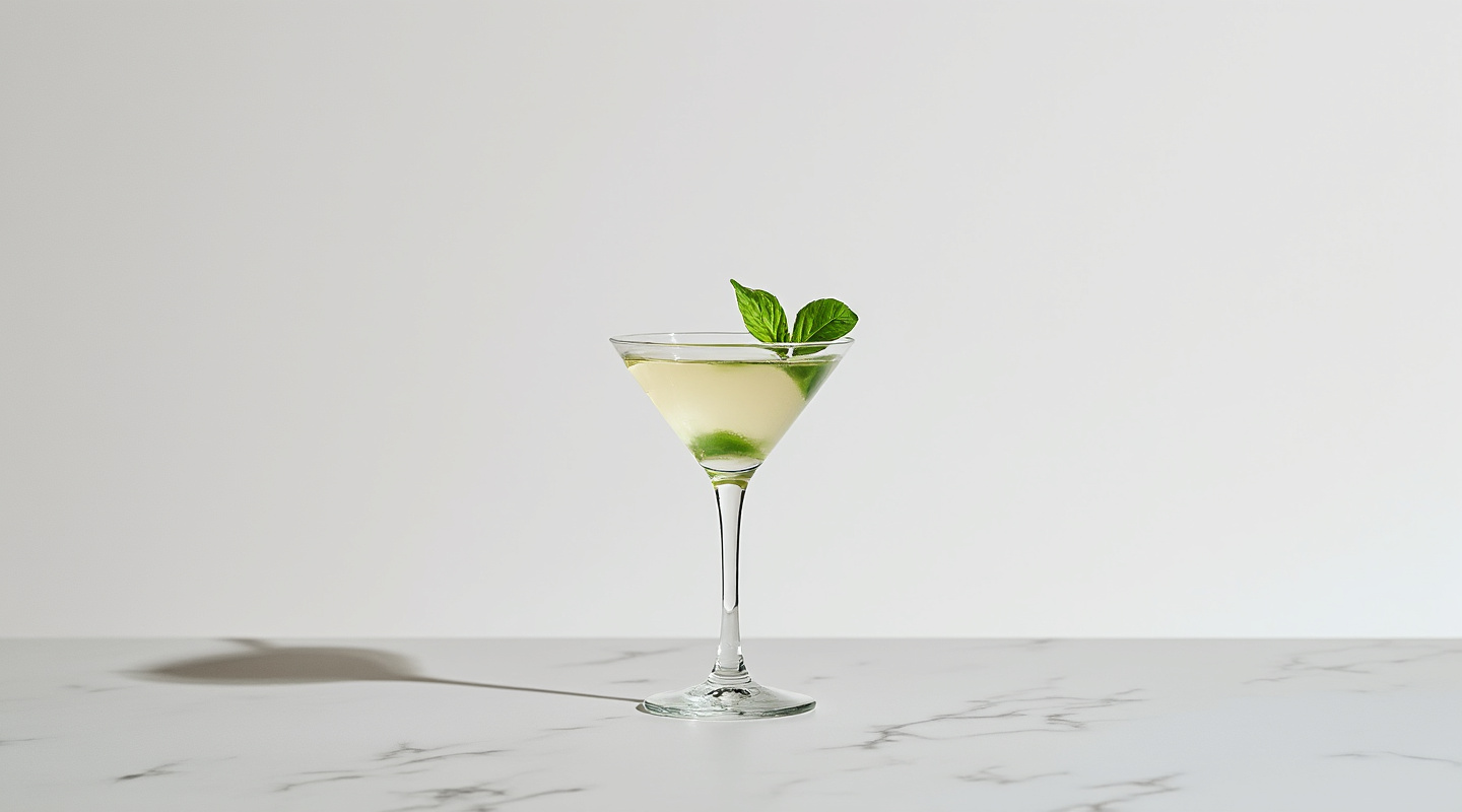 A sophisticated cocktail garnished with fresh basil