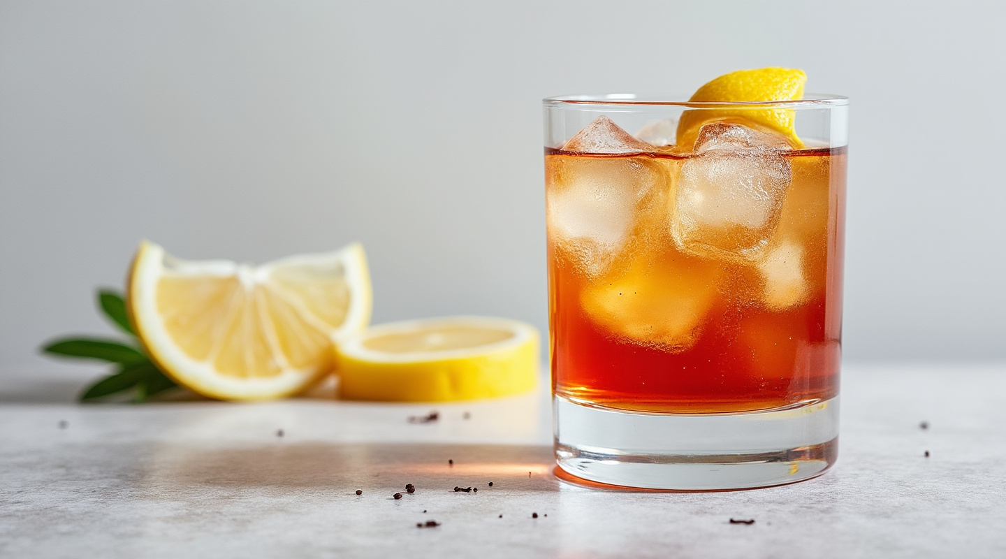 Highland Sazerac cocktail garnished with a lemon zest twist