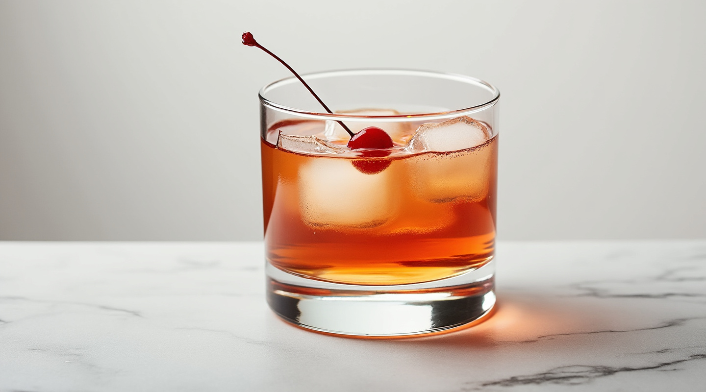 A glass of Little Italy cocktail garnished with a cherry