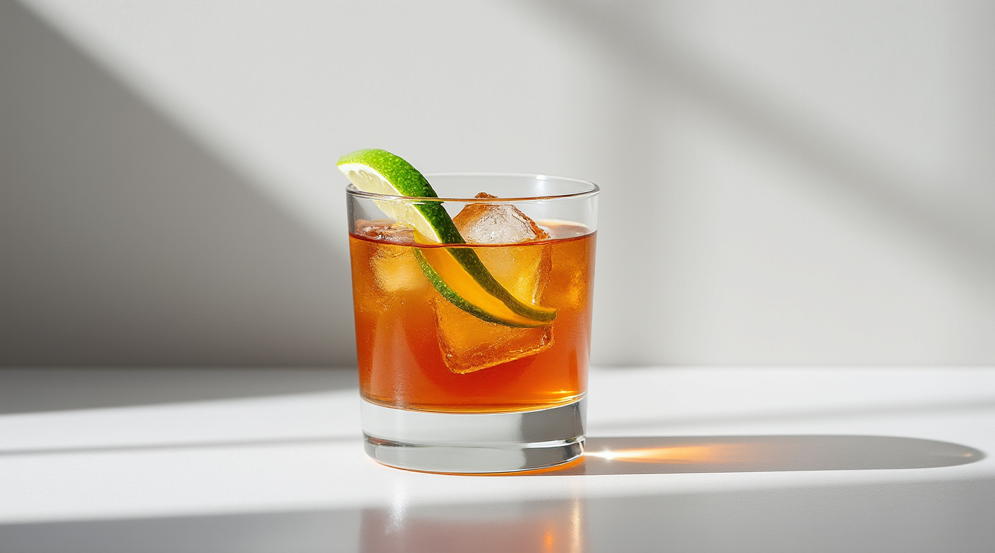 Mexican Nail cocktail served in an old-fashioned glass with lime zest for garnish.