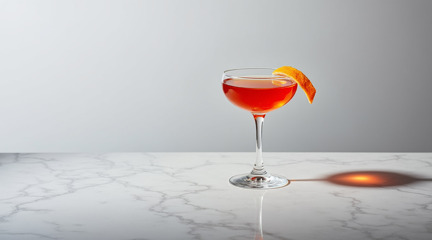 Roosevelt Cocktail in a coupe glass with an orange zest twist