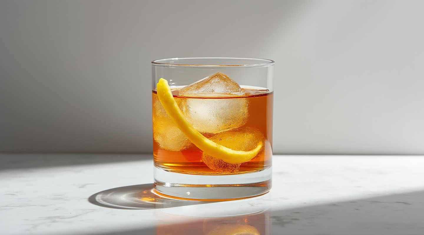 Royal Nail cocktail in an old-fashioned glass garnished with a lemon zest twist