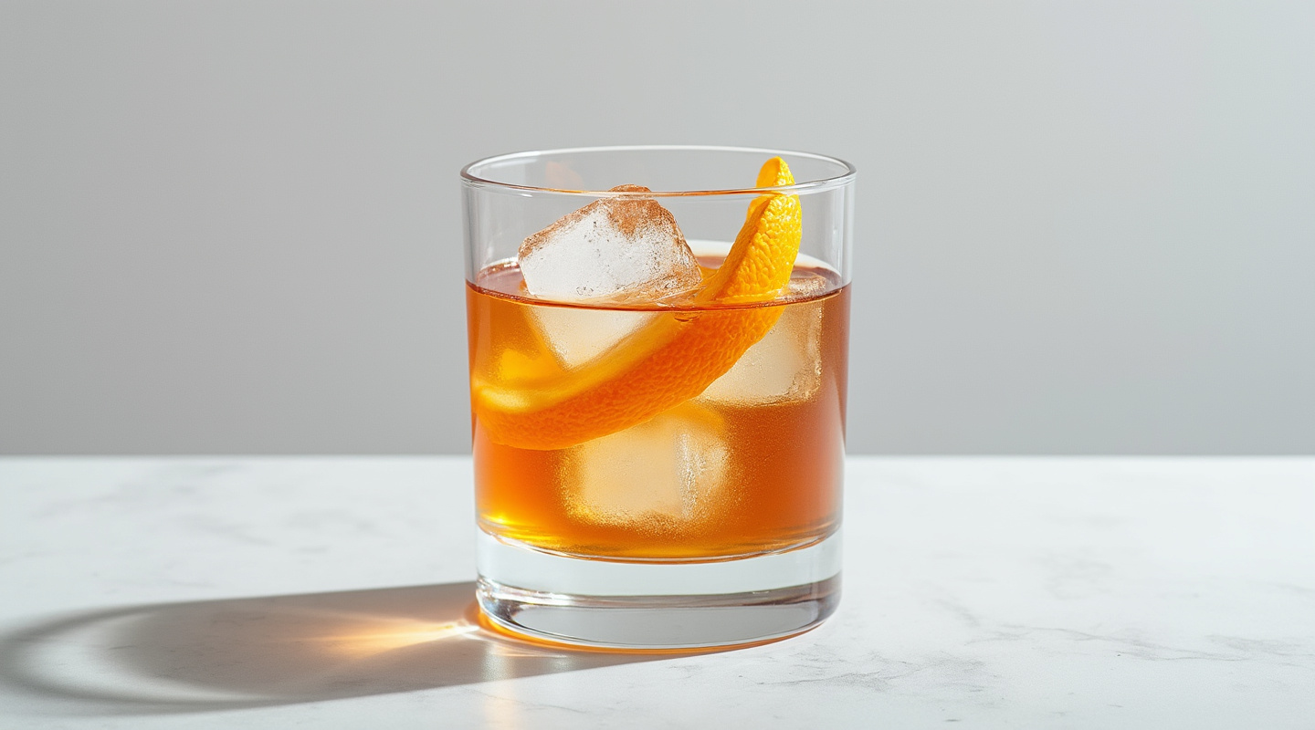 Tabula Rasa cocktail in an Old-fashioned glass garnished with orange zest twist