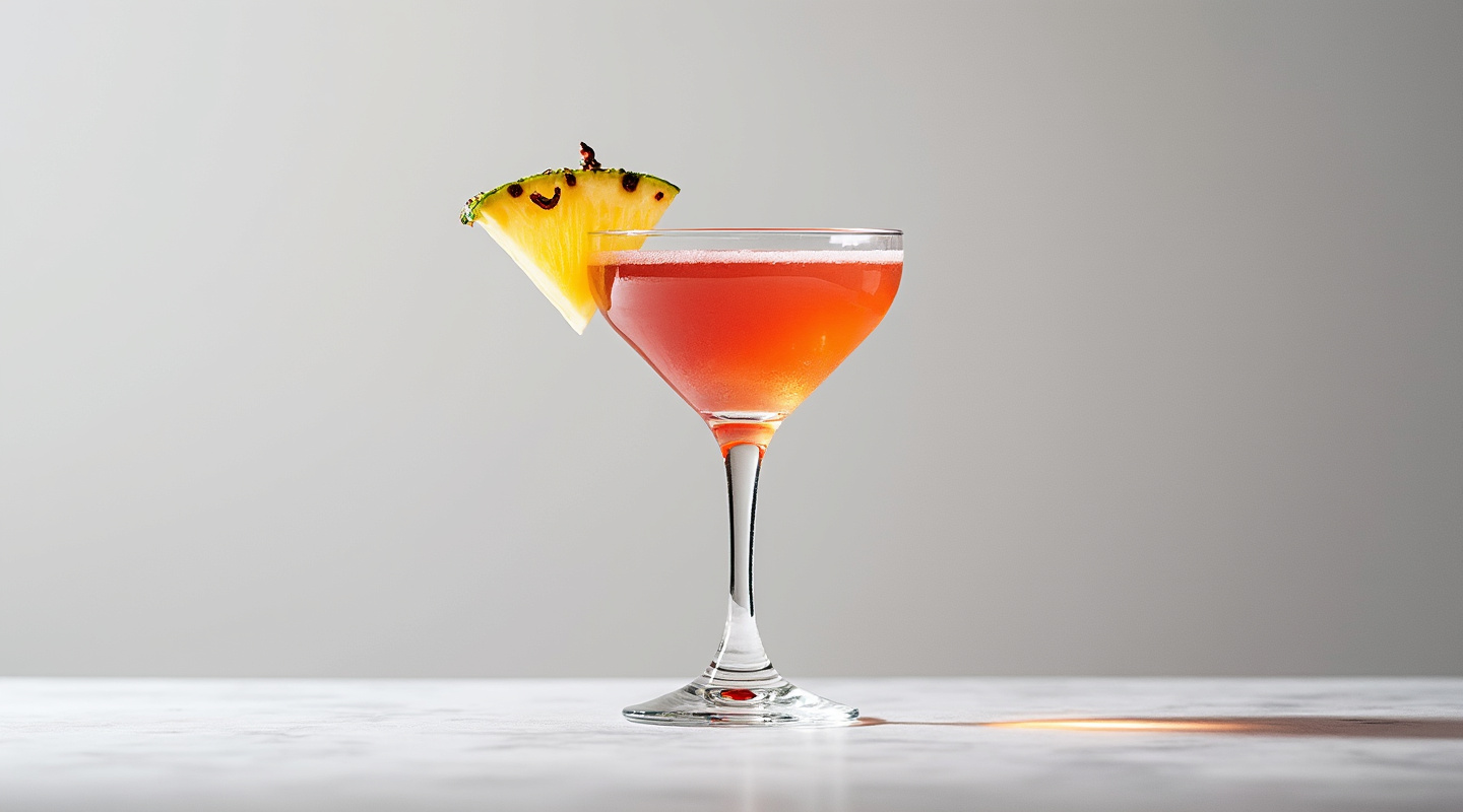 A vibrant Flirtini No. 1 cocktail served in a chilled martini glass