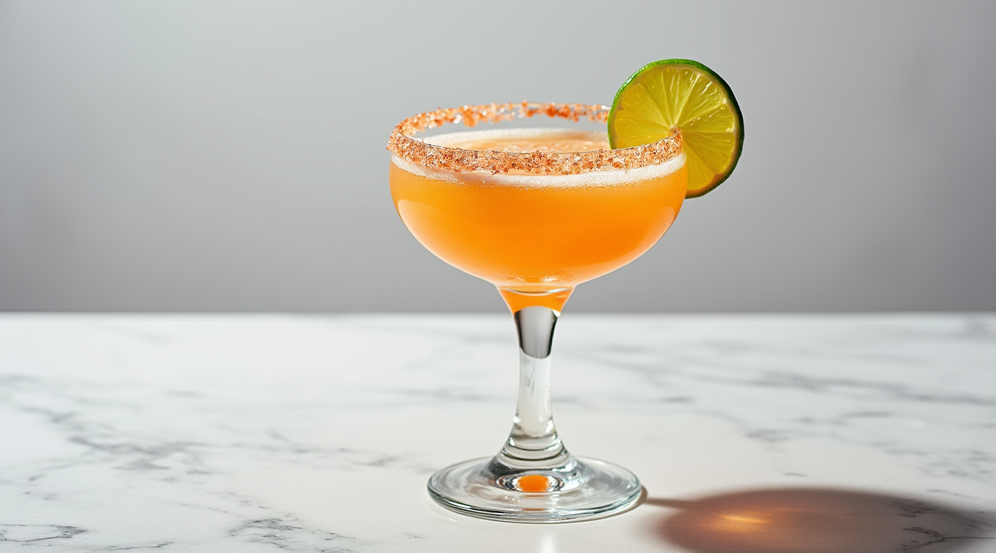 Maya Margarita in a chilled coupe glass with a salt rim