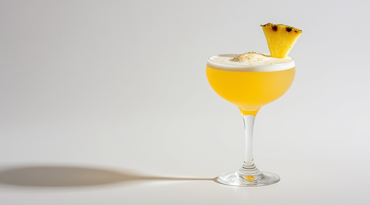 A vibrant cocktail served in a coupe glass with a pineapple garnish.