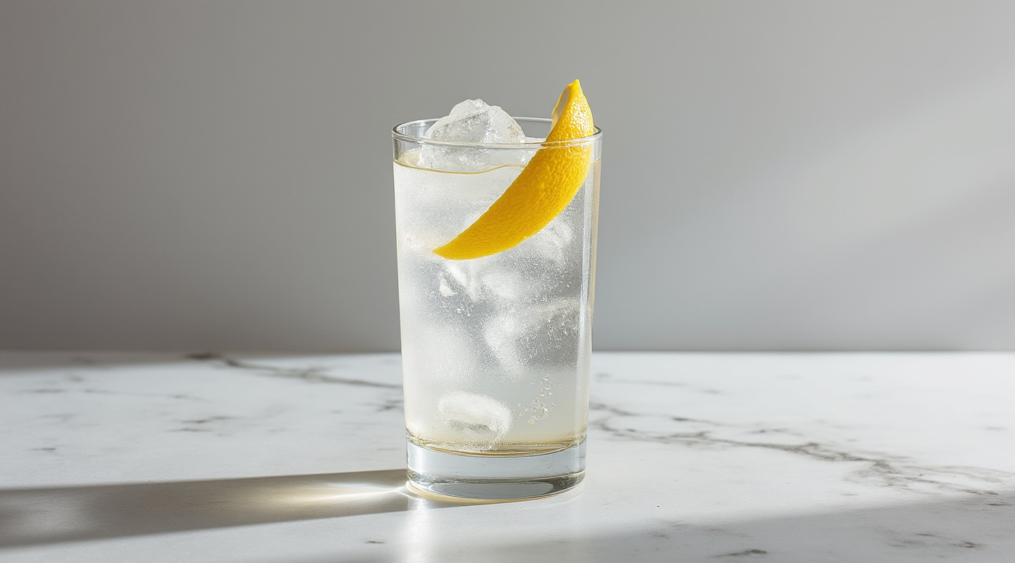 A refreshing Grand Tonic cocktail served in a Collins glass.