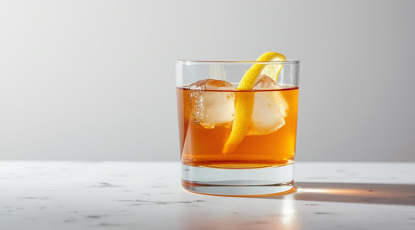 Conan Doyle cocktail in an old-fashioned glass with a lemon twist garnish