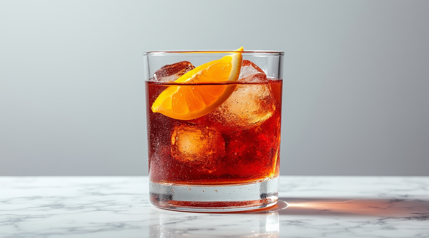 A Dutch Count Negroni served in an Old-fashioned glass with an orange slice garnish.