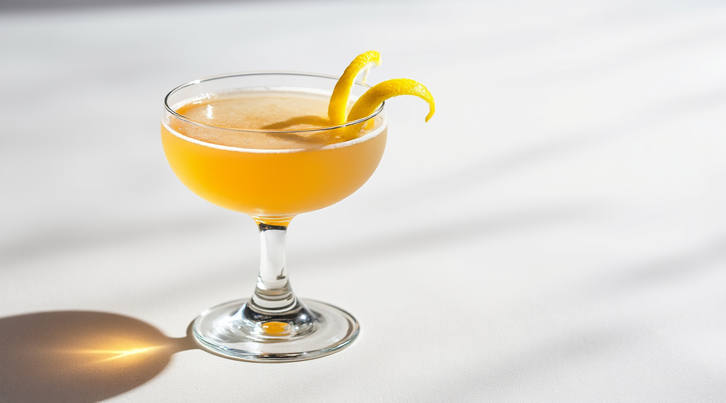 Hi Falutin cocktail in a coupe glass with lemon zest twist