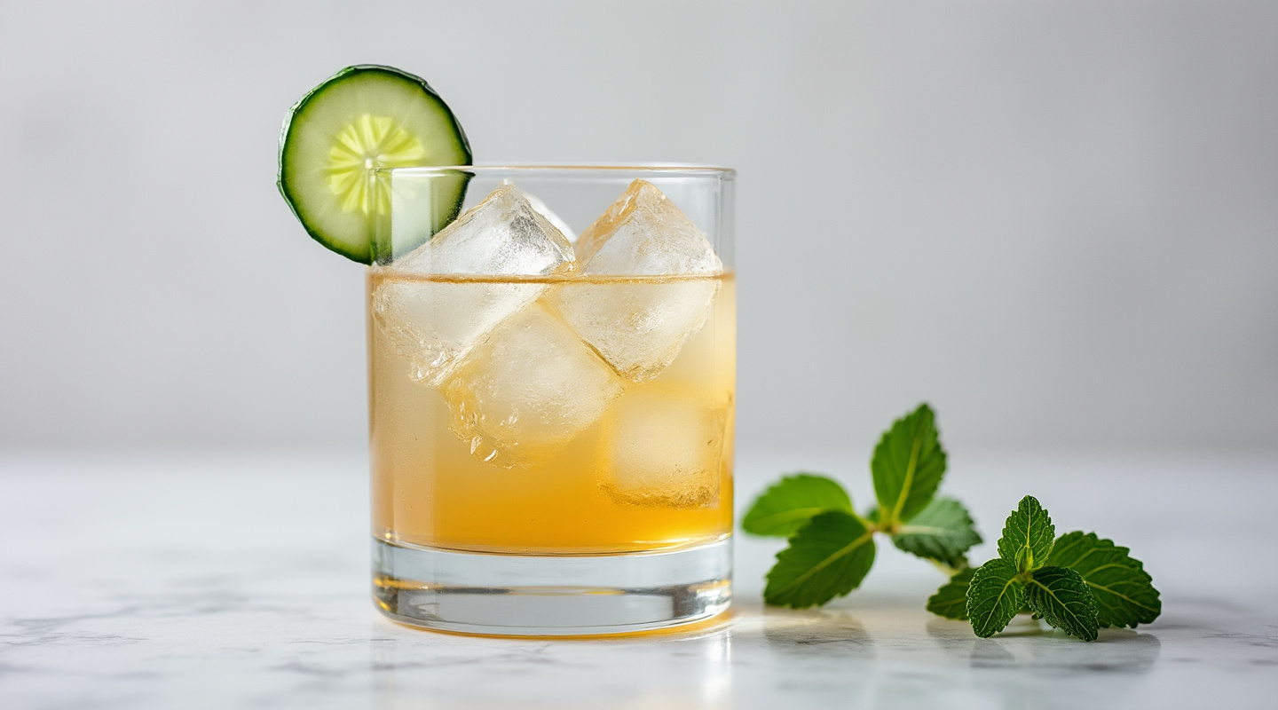 French Maid cocktail garnished with mint and cucumber