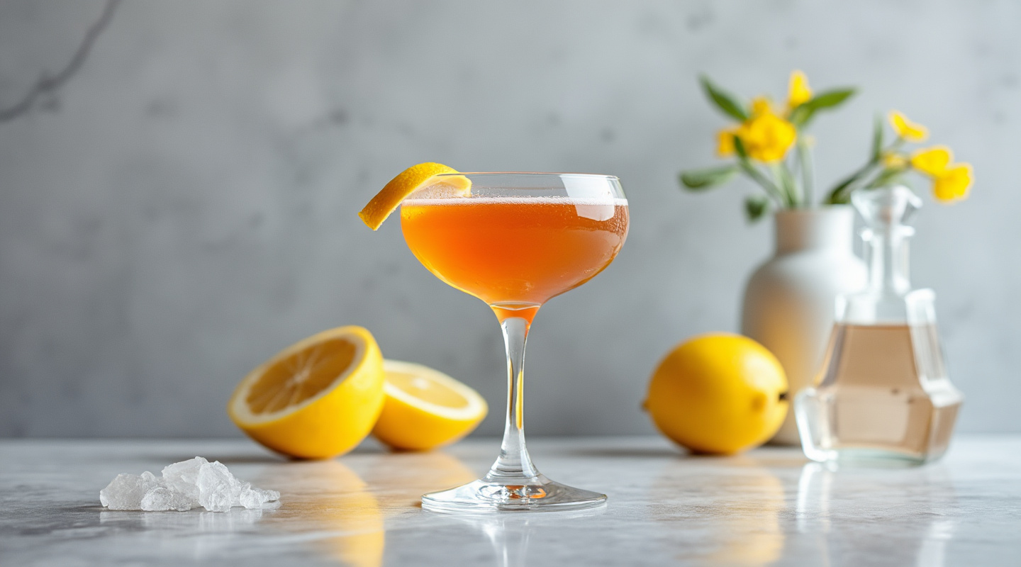 A elegant presentation of The Cappa Cocktail in a Nick & Nora glass with a lemon twist