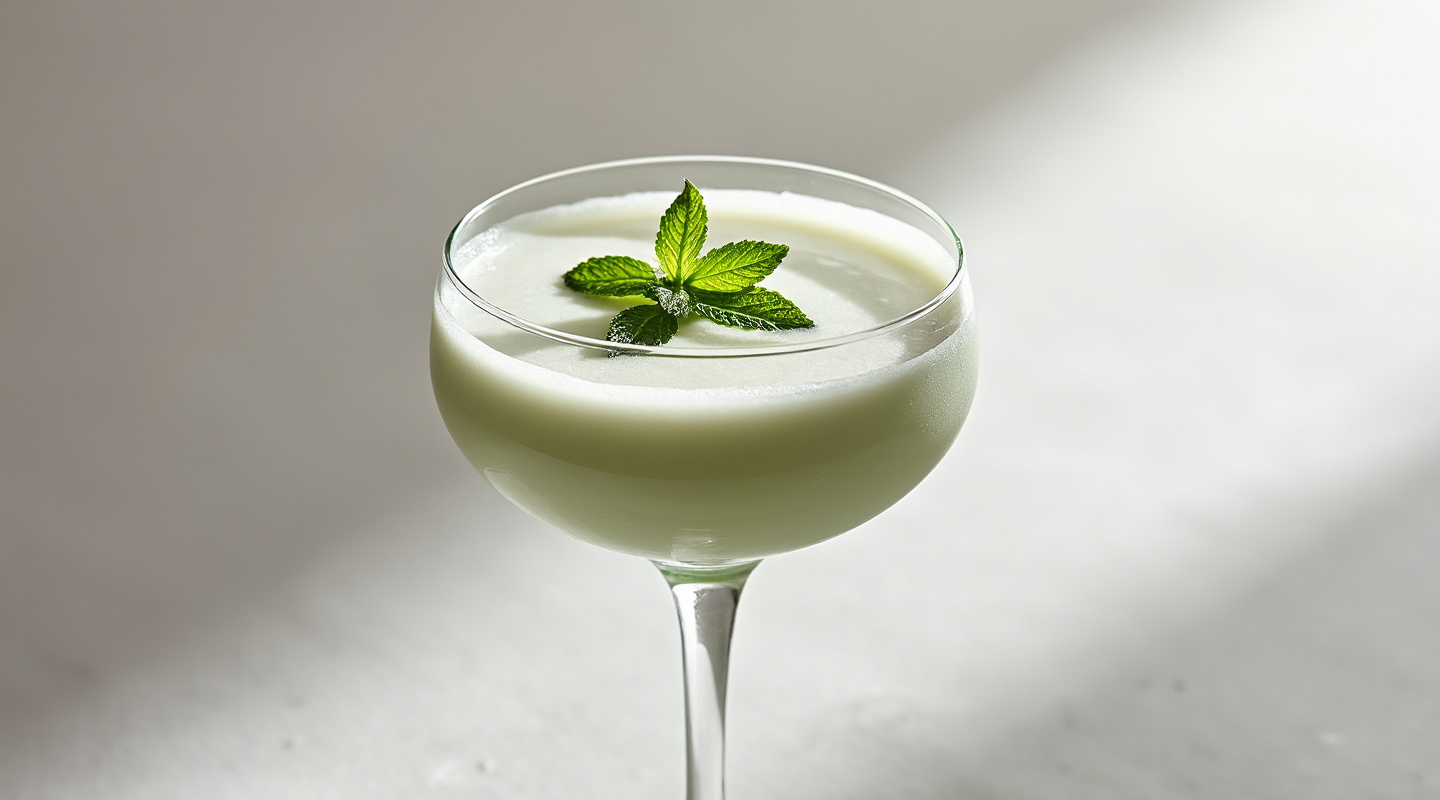 A Flying Grasshopper cocktail served in a coupe glass