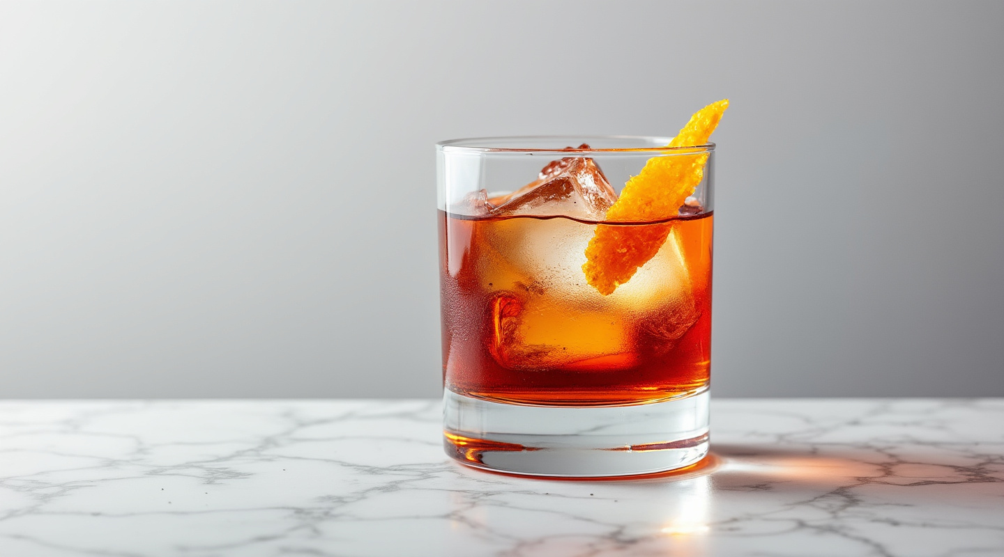 Negroni and the Goat in an old-fashioned glass with an orange zest garnish