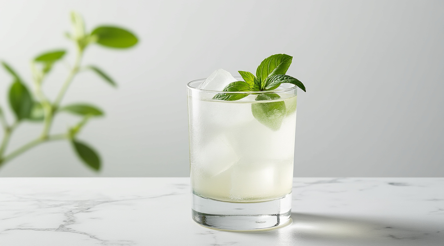 The Med cocktail served in a Collins glass garnished with basil.