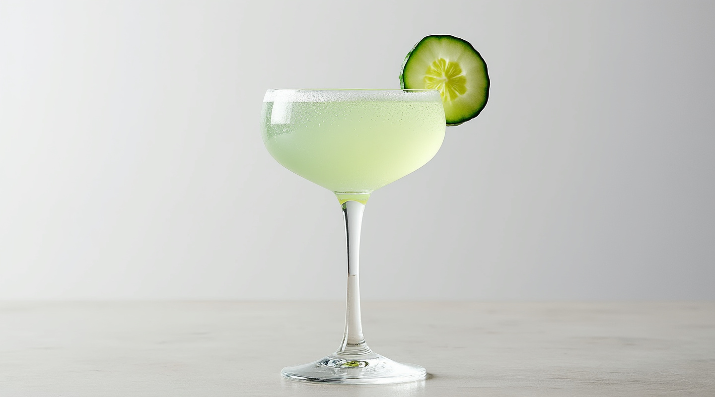A Fresh Cocktail served in a chilled coupe glass with a cucumber garnish