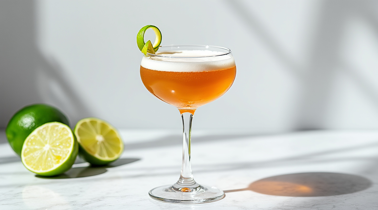 A Lion's Tail cocktail served in a coupe glass, garnished with a lime twist