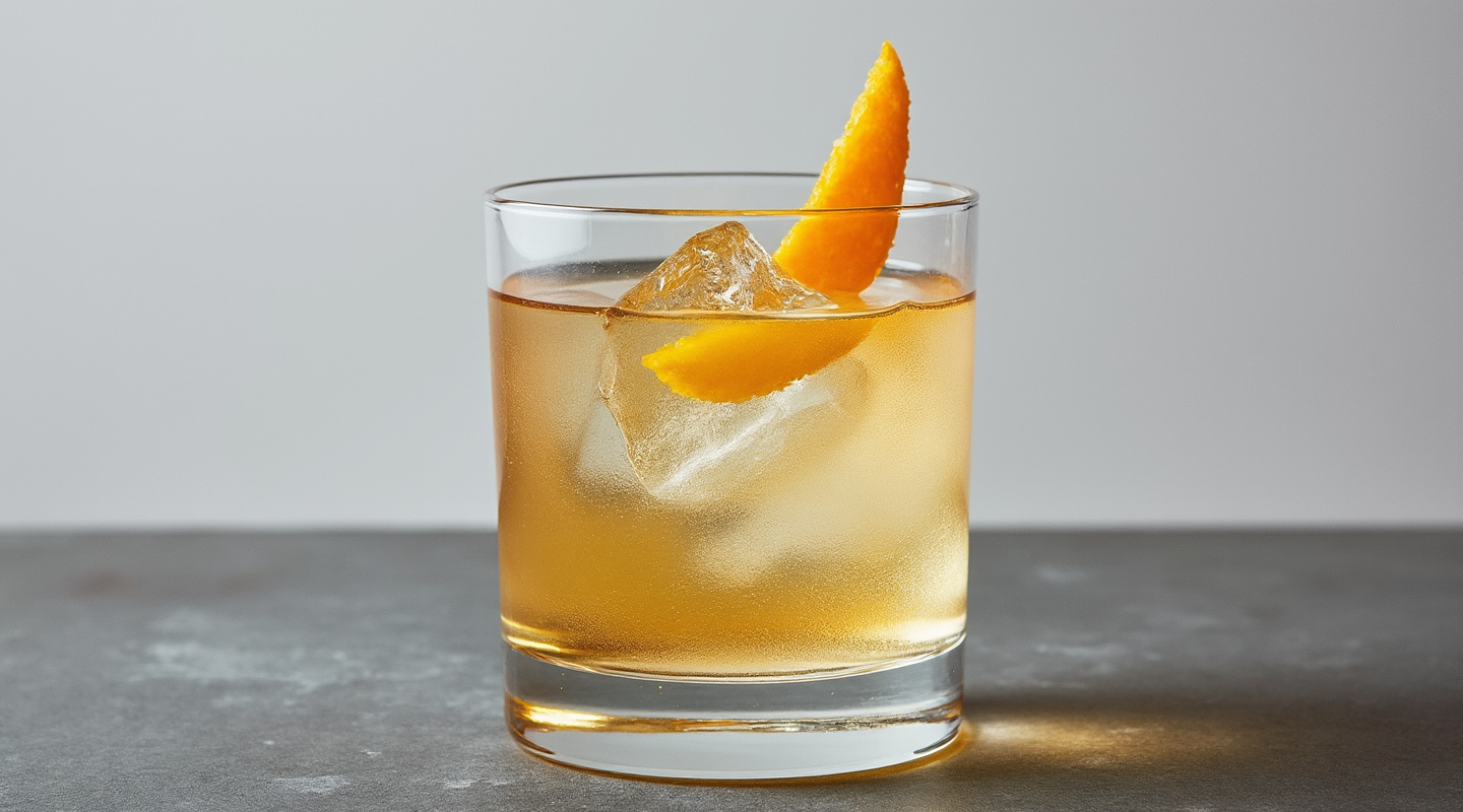 Alcatraz cocktail served in an old-fashioned glass with an orange zest twist garnish