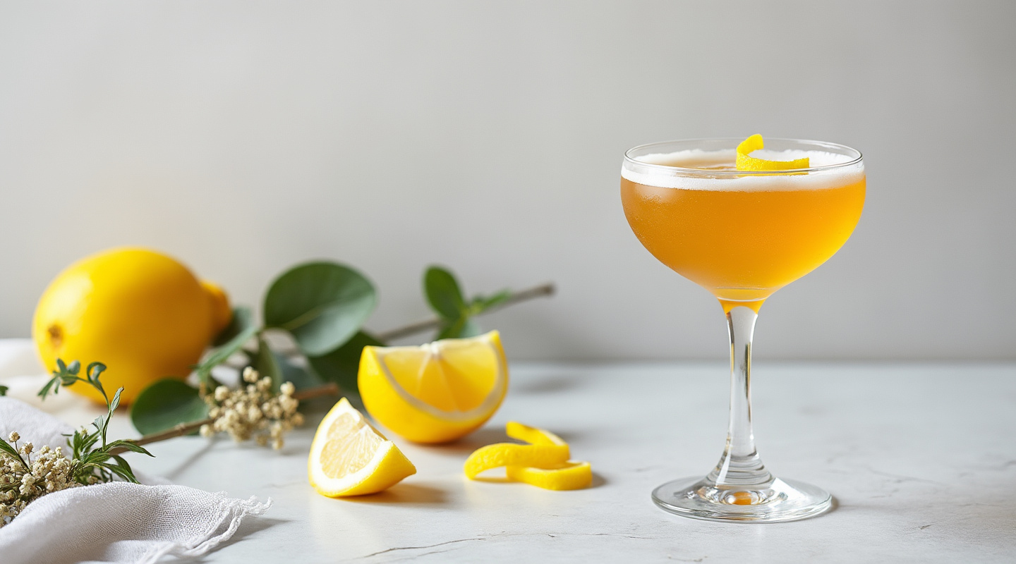 An elegant presentation of The Addington cocktail served in a chilled coupe glass with a lemon zest twist garnish.