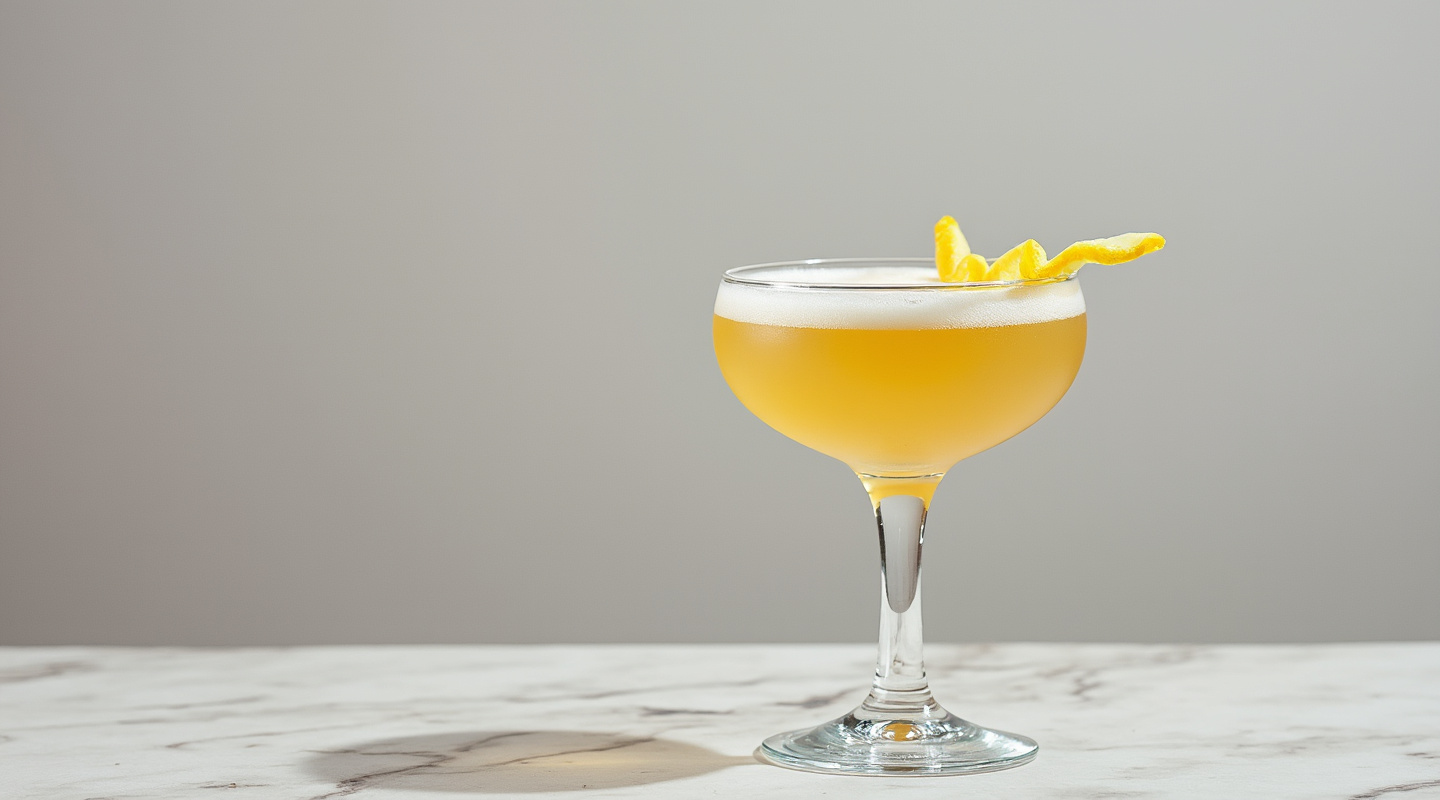 Terroir cocktail served in a coupe glass with a lemon zest garnish