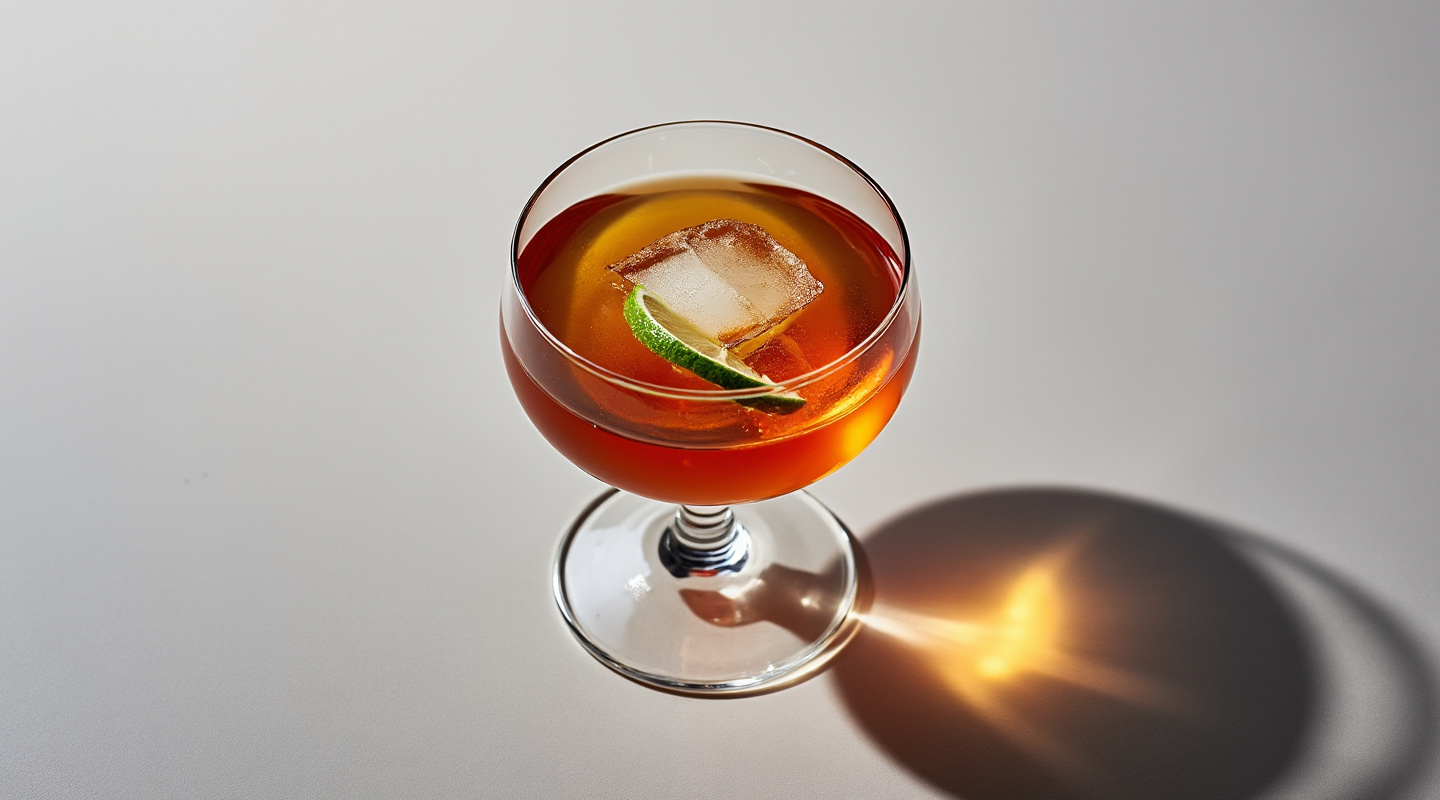 A snifter glass filled with The Book of Kells cocktail, garnished with a lime zest twist.