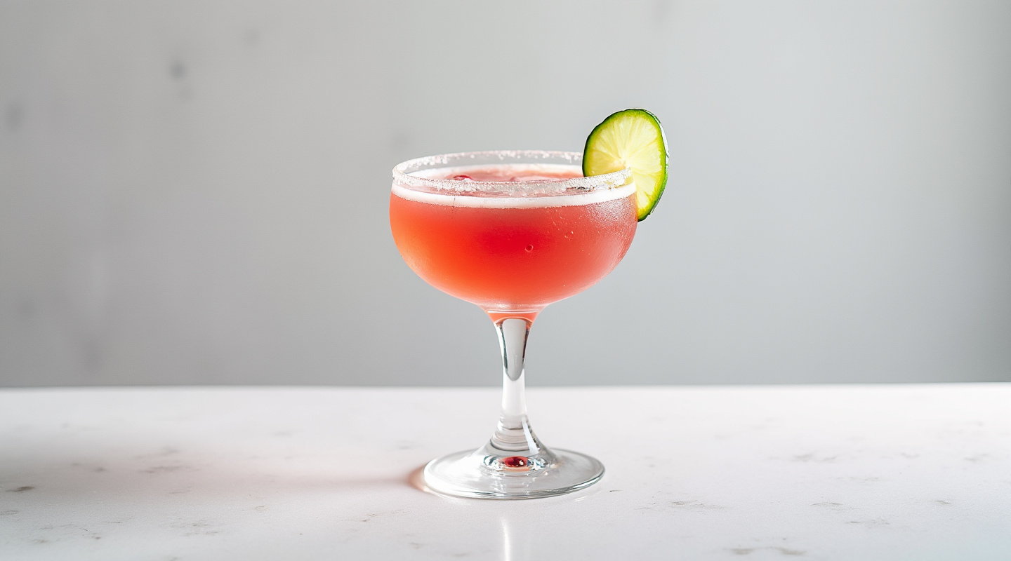 Rosa Picante Margarita in a Coupe glass garnished with a jalapeno slice and rose petals