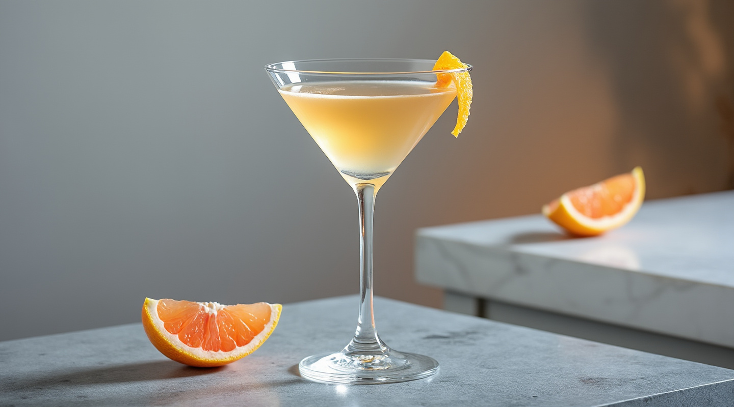 A sophisticated cocktail garnished with grapefruit zest twist, served in a martini glass.