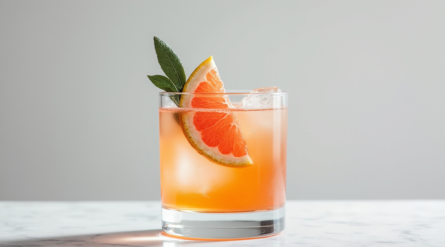 Simple Truth cocktail in a Nick & Nora glass with a dehydrated grapefruit slice and sage leaf garnish