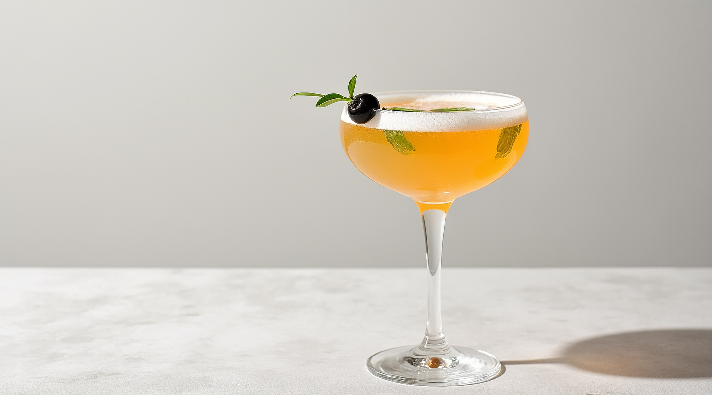 Curtain Call cocktail served in a Coupe glass, garnished with black olive.