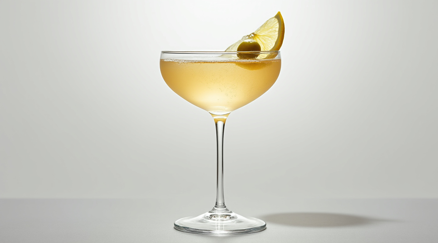 Le Latin cocktail in a coupe glass with an olive garnish