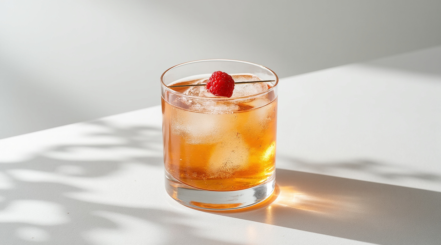 A refreshing Sempiternal cocktail served in a glass with a lemon zest twist, raspberry, and balsamic sauce garnish.