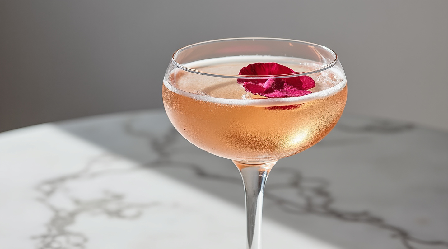 True Desire Cocktail garnished with a Rose Petal