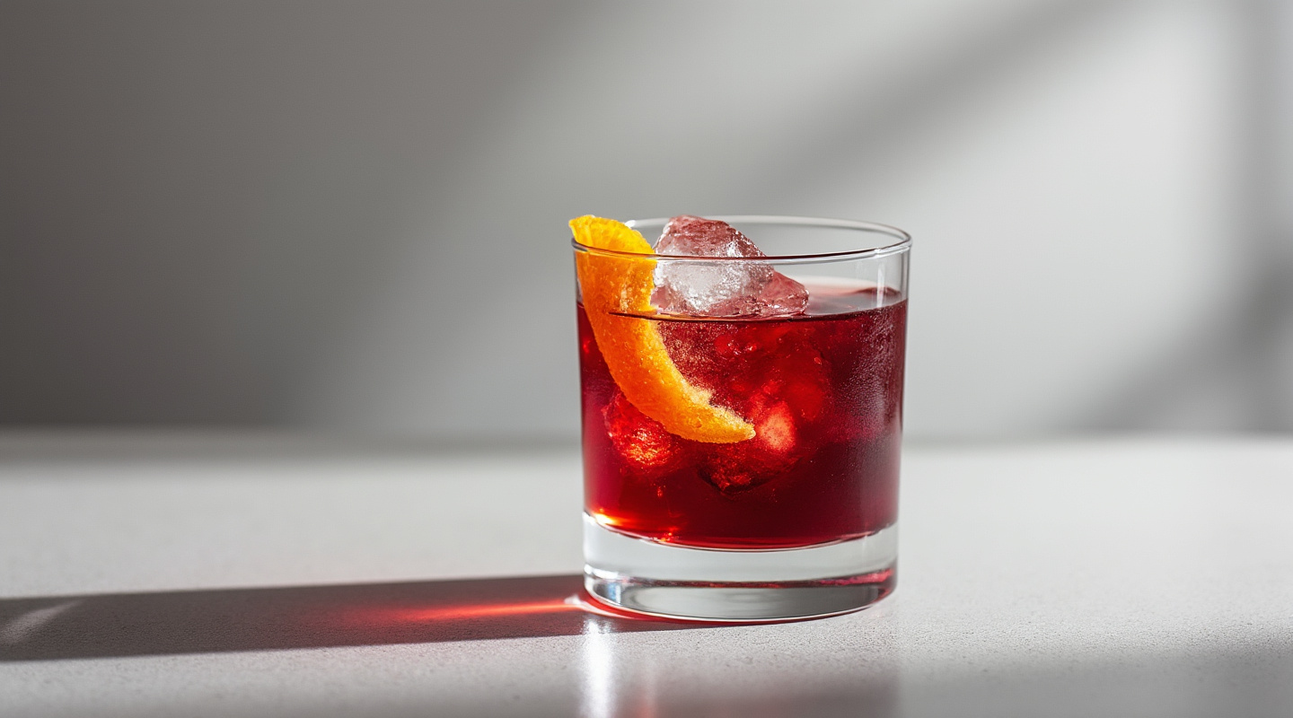 Red Haven cocktail with rich amber hues served in an old-fashioned glass