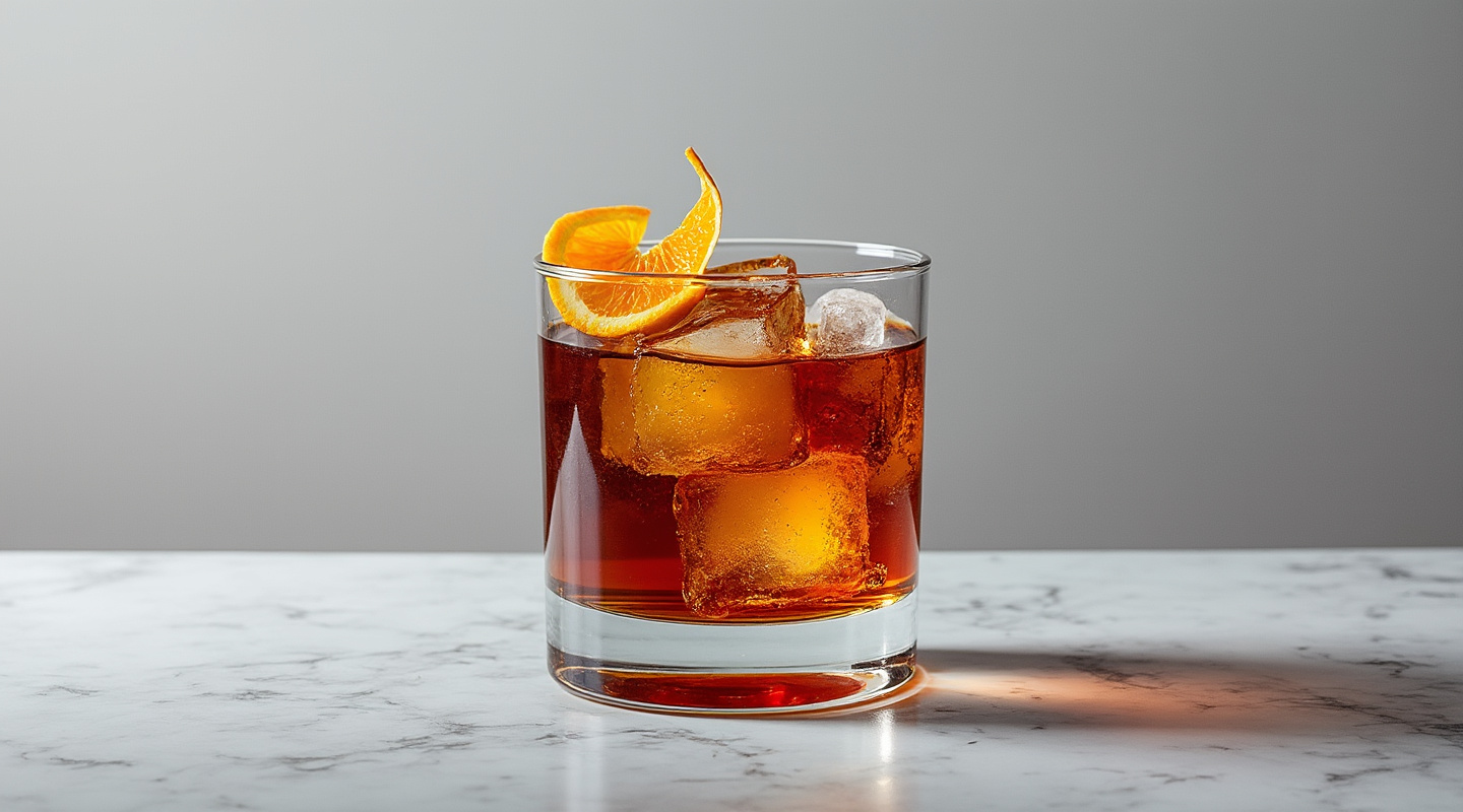 Black Mesa cocktail served in an Old-fashioned glass with an orange zest twist garnish.
