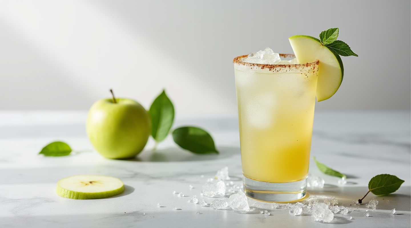 Melon and Apple Caipirinha in a highball glass garnished with a stirrer