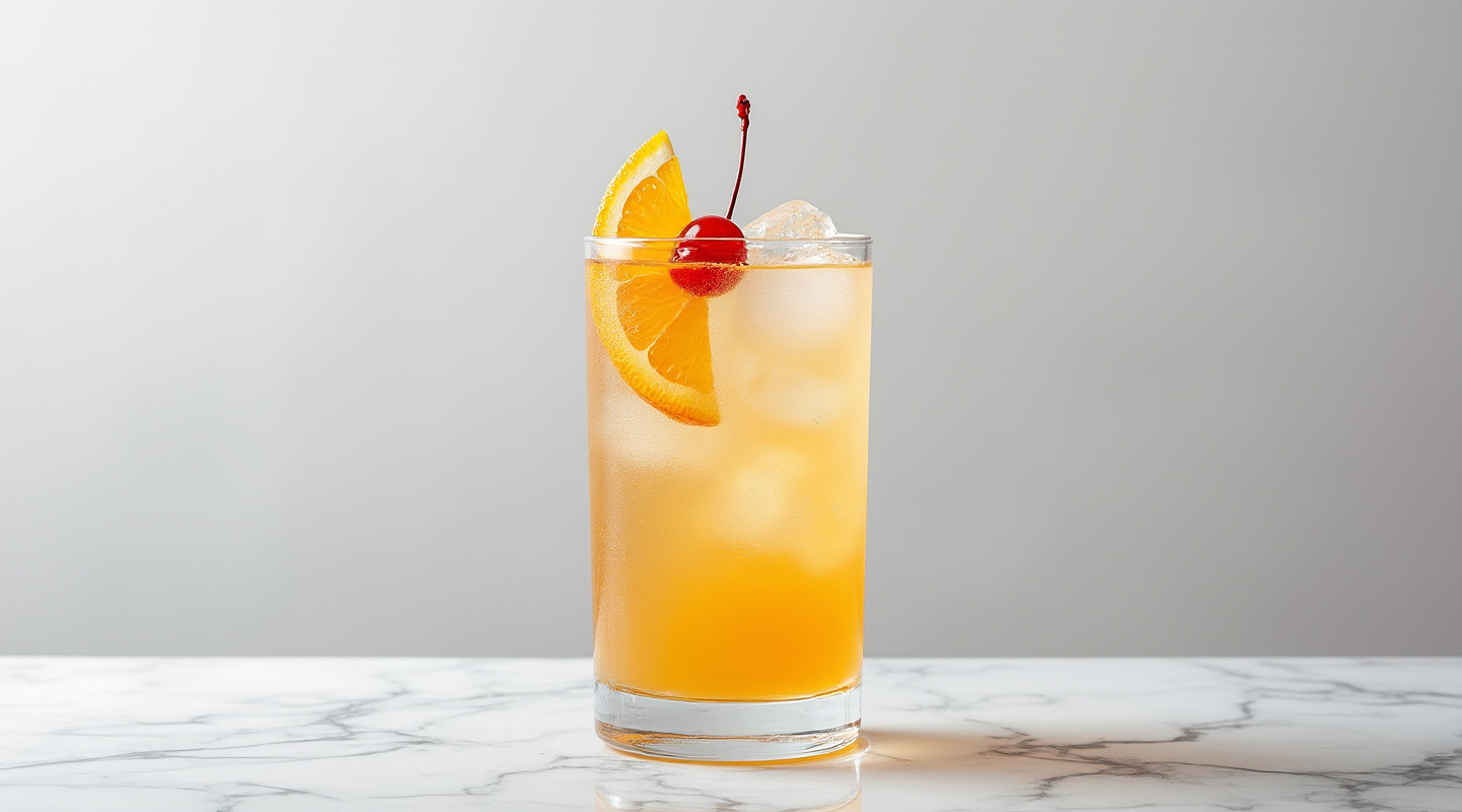 A Hairy Navel cocktail served with an Orange slice and Luxardo Maraschino Cherry