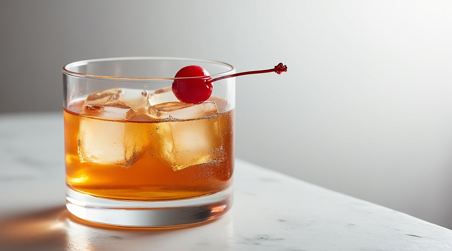A Coupe glass with a Ballroom cocktail garnished with a maraschino cherry