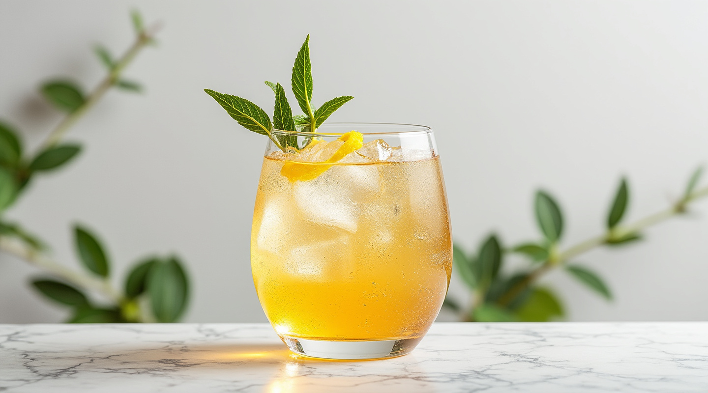 A chilled Marigold Spritz cocktail in a pre-chilled Copa glass with a lemon zest twist garnish.