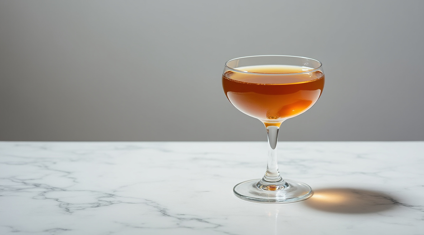 A sophisticated cocktail served in a coupe glass with a golden hue.