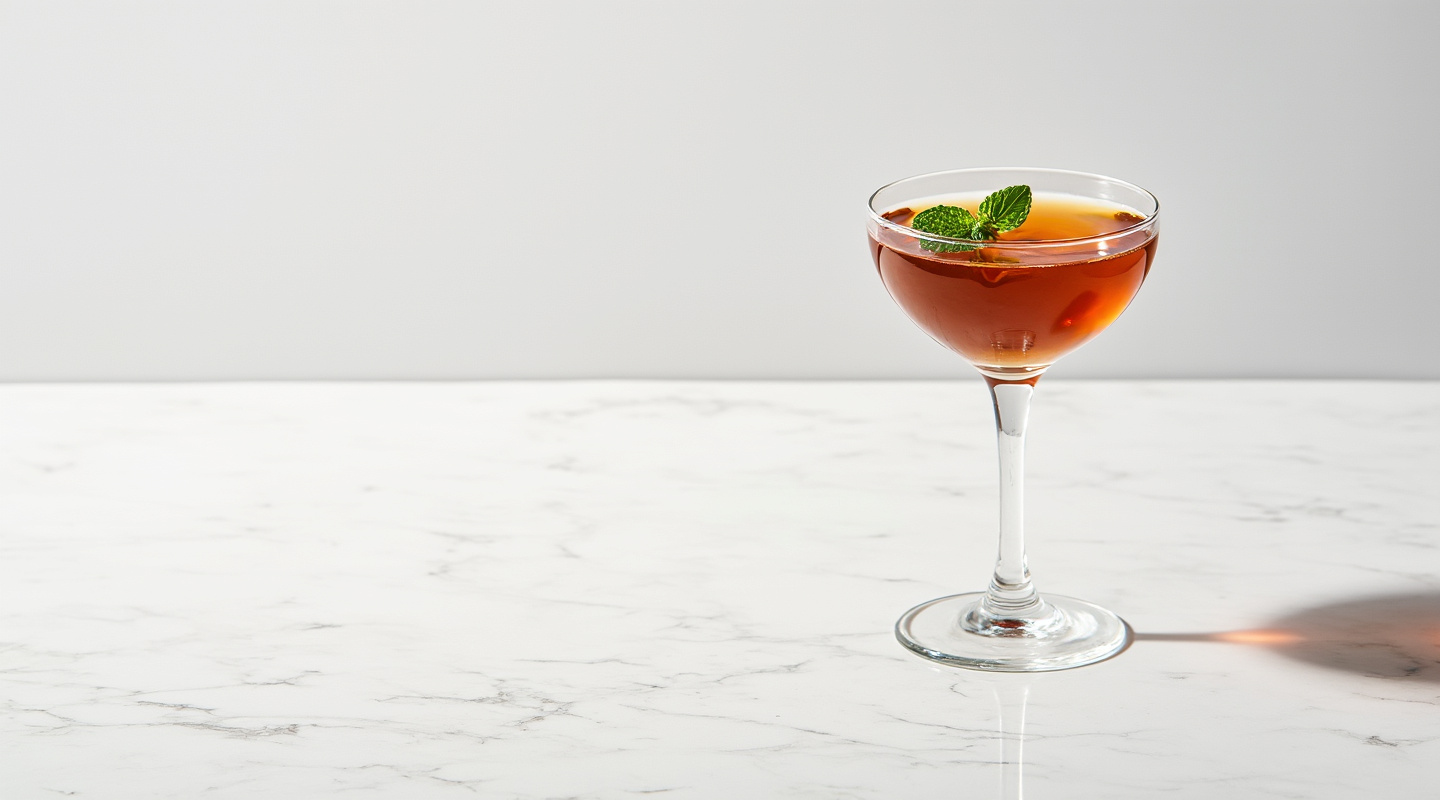 Hug From Mary cocktail served in a Nick & Nora glass with a mint garnish
