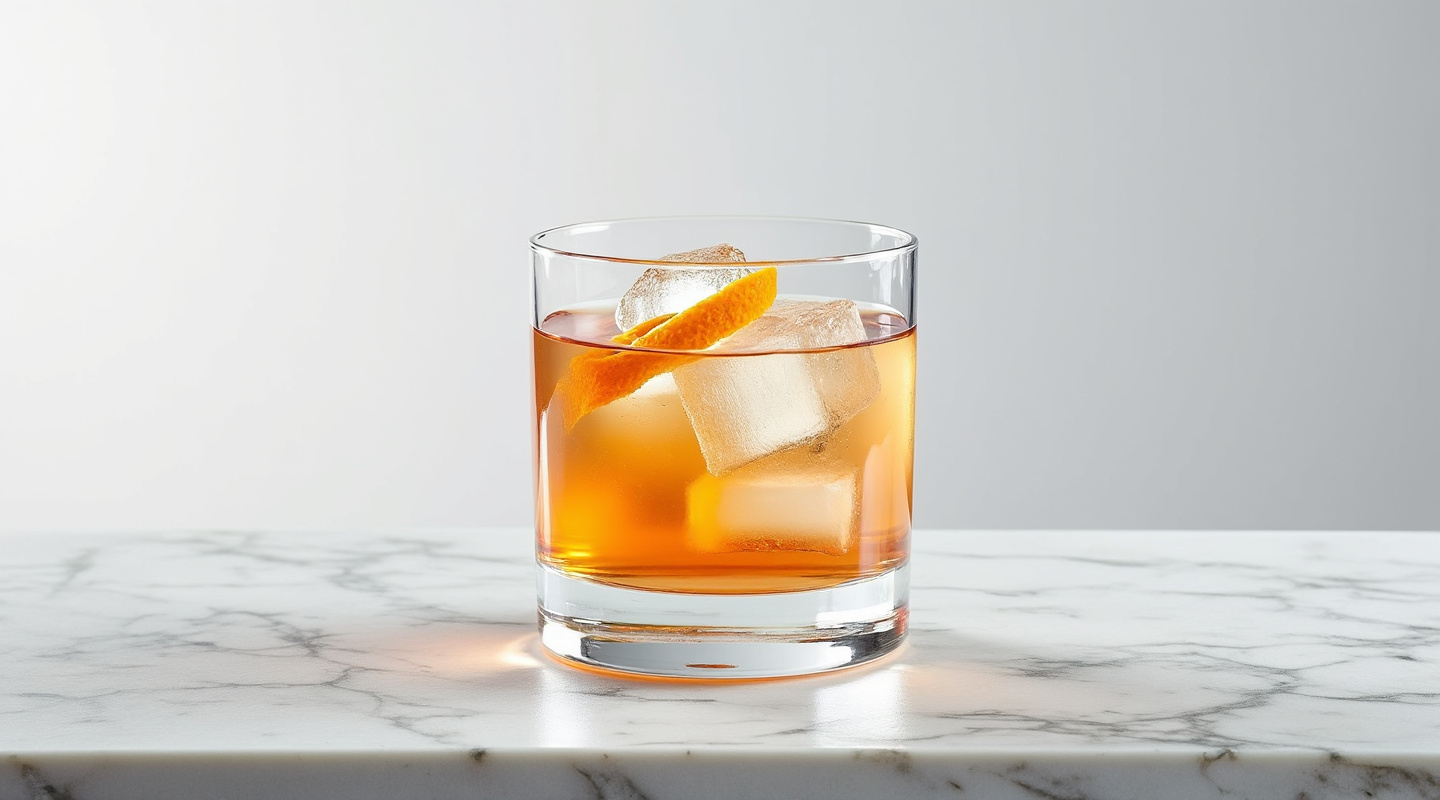 Greenwich Sour cocktail on a dark background in an old-fashioned glass, garnished with an orange zest twist.