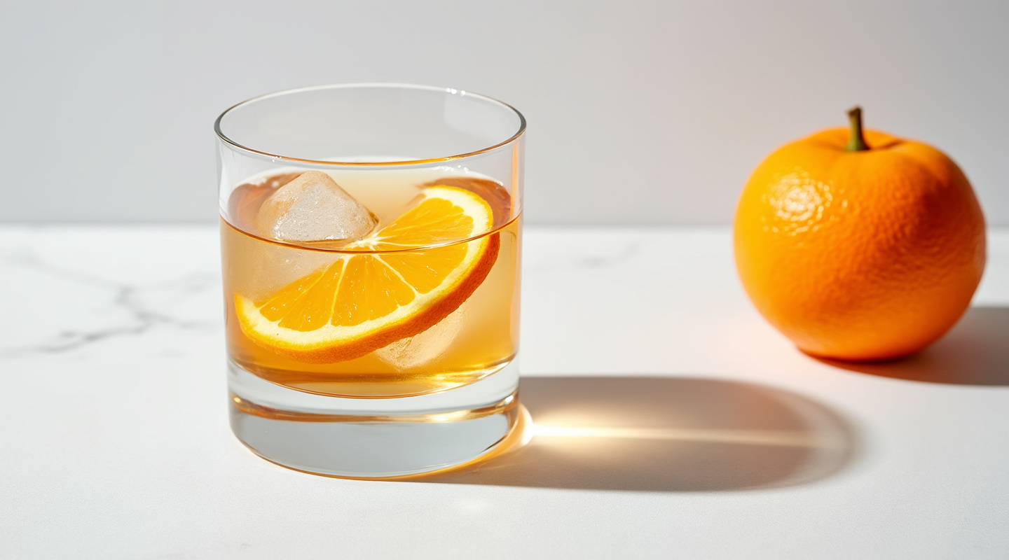 Apples to Oranges Cocktail in a Nick & Nora glass