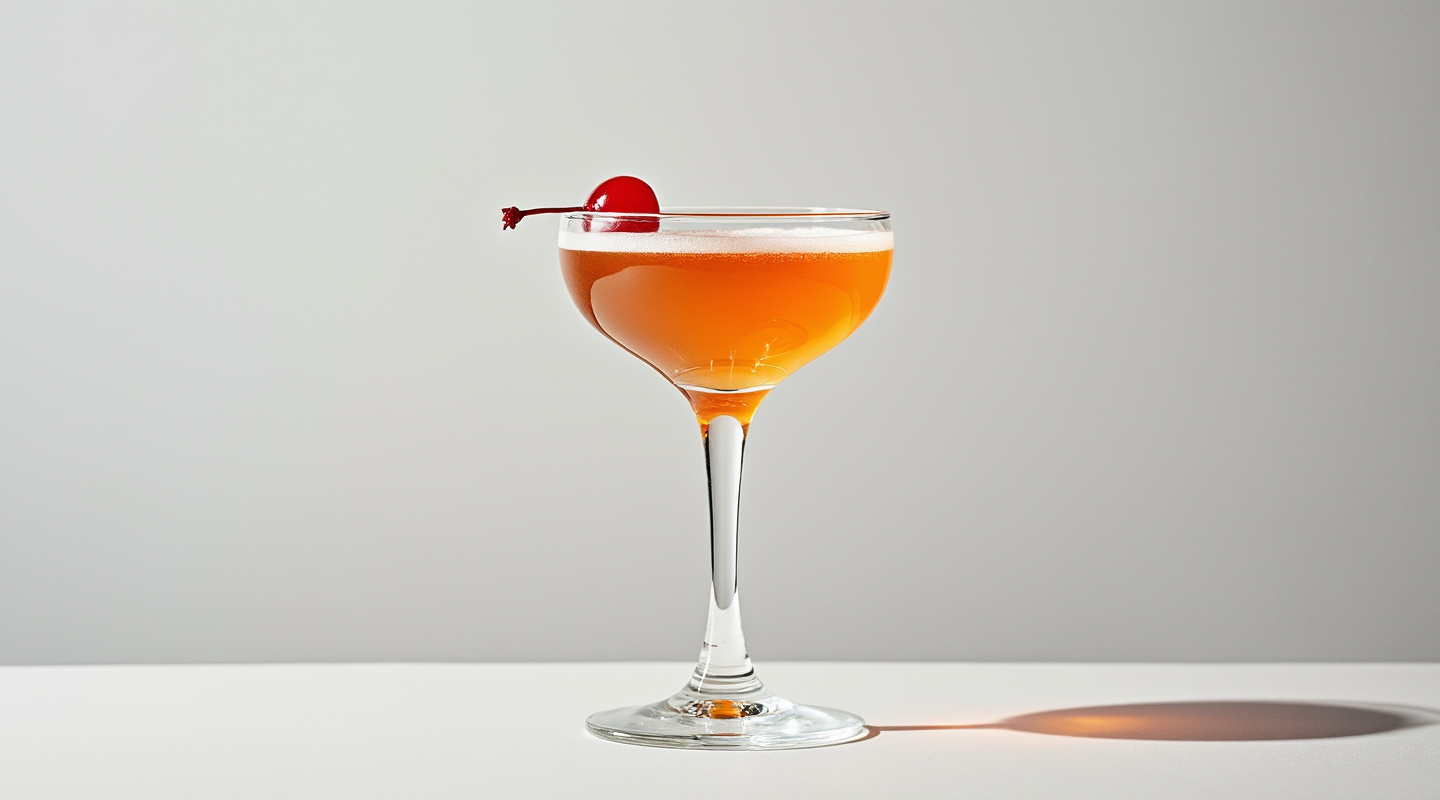 Fairbanks No.2 cocktail in a coupe glass garnished with a cherry